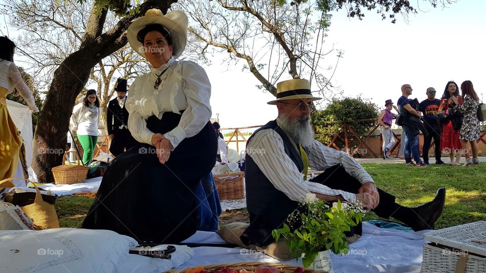 People in Victorian clothes for a festival held each year in Cagliari, Italy.