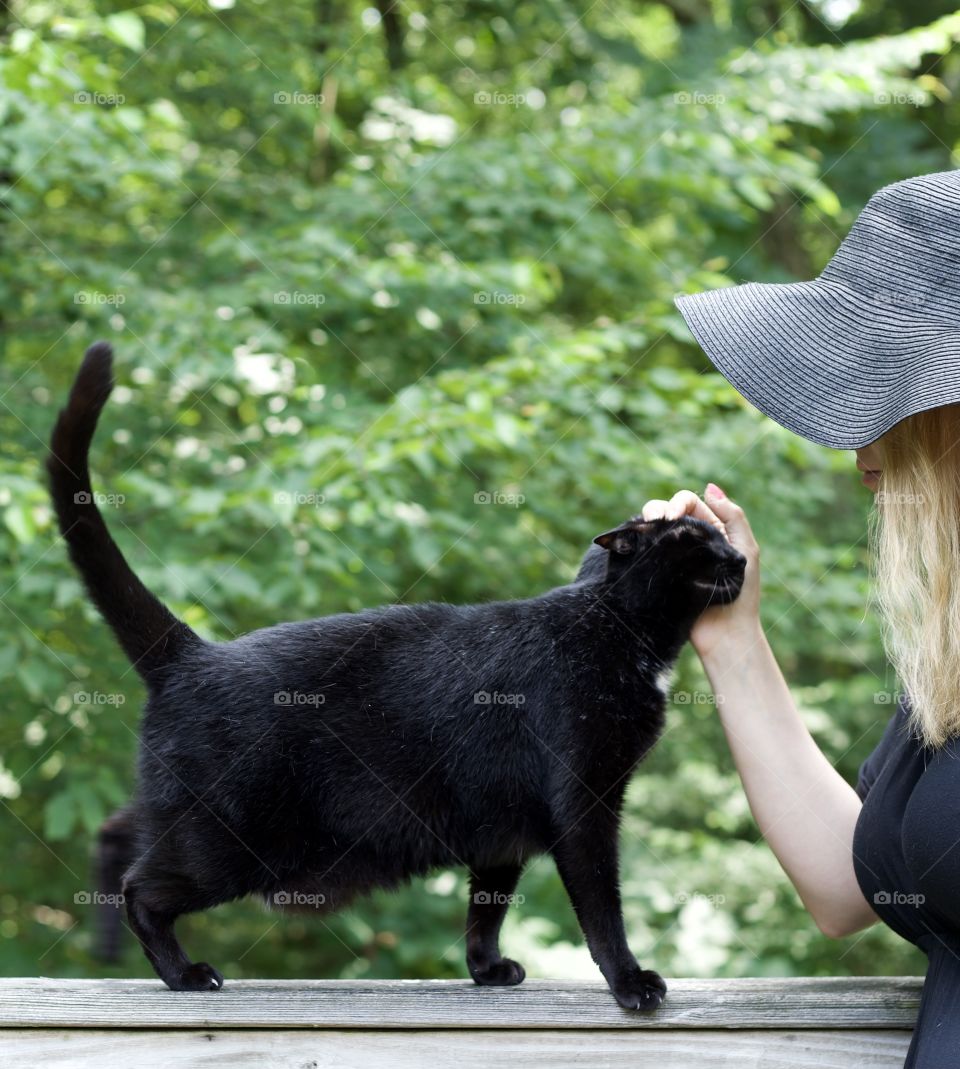 Fluffy Kitty always wants her pets. Black Cat outdoors enjoying head scratches from woman dressed in Black