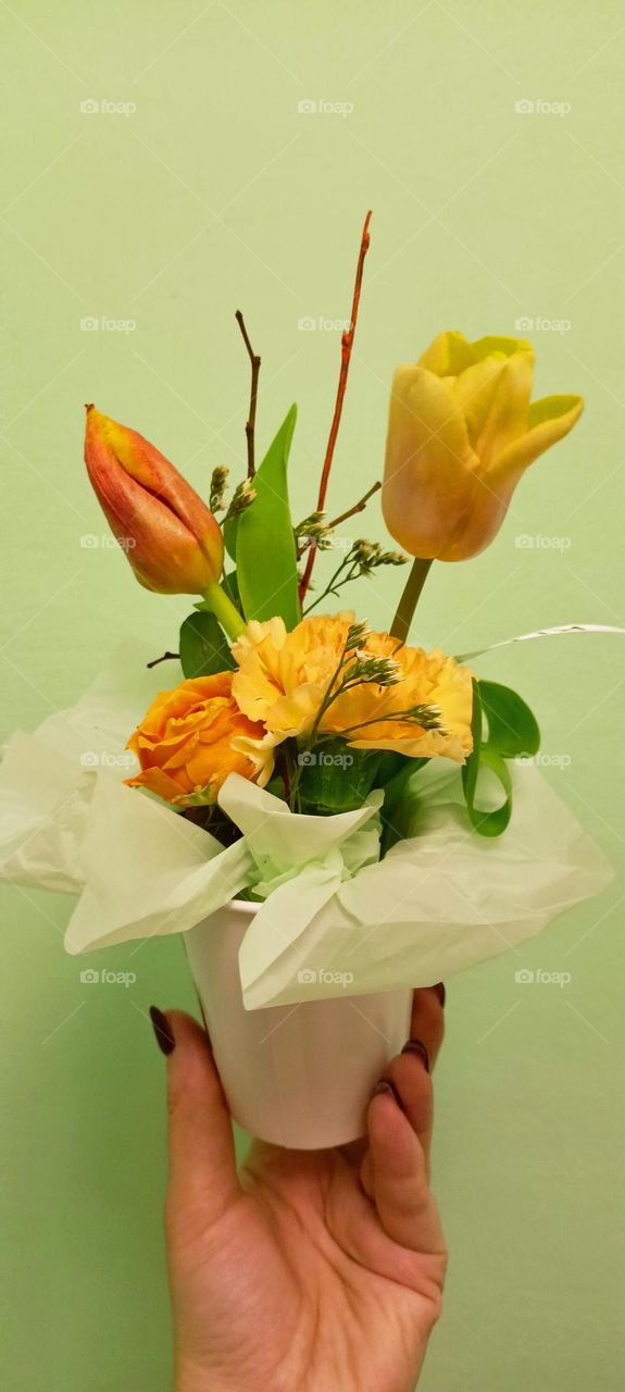 flowers in a vase, flowers in a paper cup, bouquet, gift, rose, tulip, carnation, flowers, female hand, manicure, bouquet in hand, green background