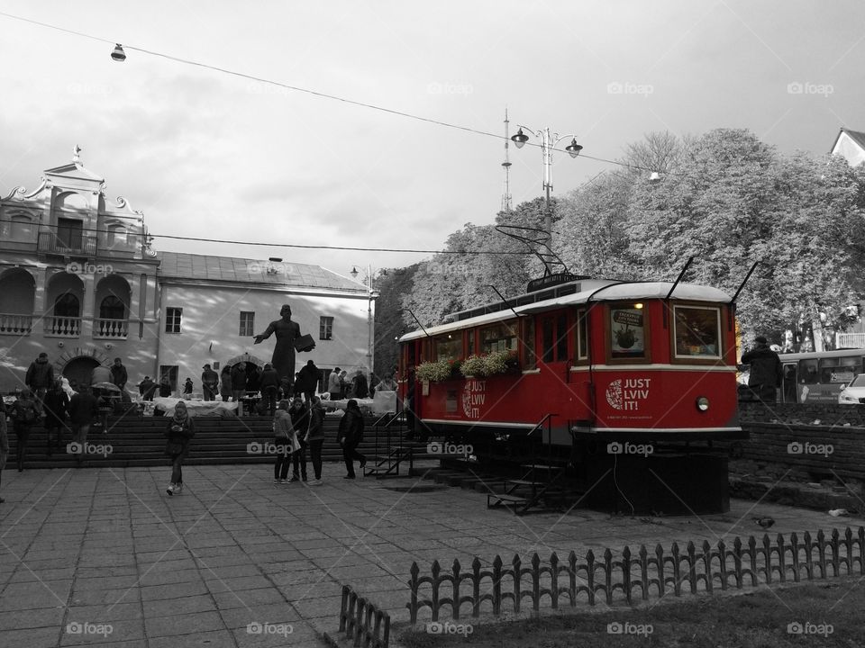 Red color story. Tram