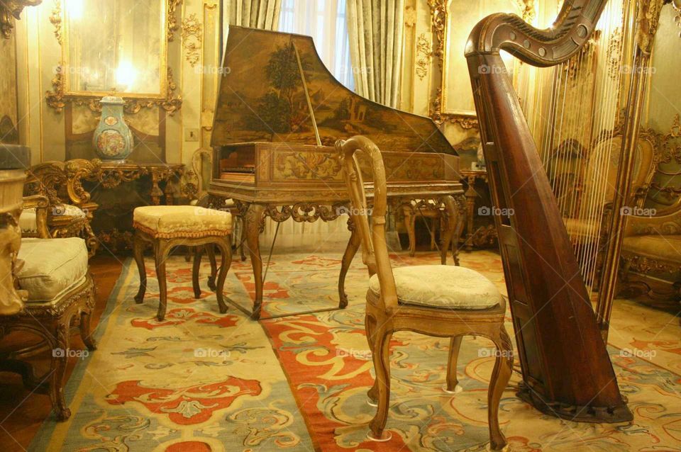 antique music room in vintage mansion