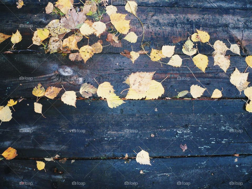 on a wooden table old autumn leaves