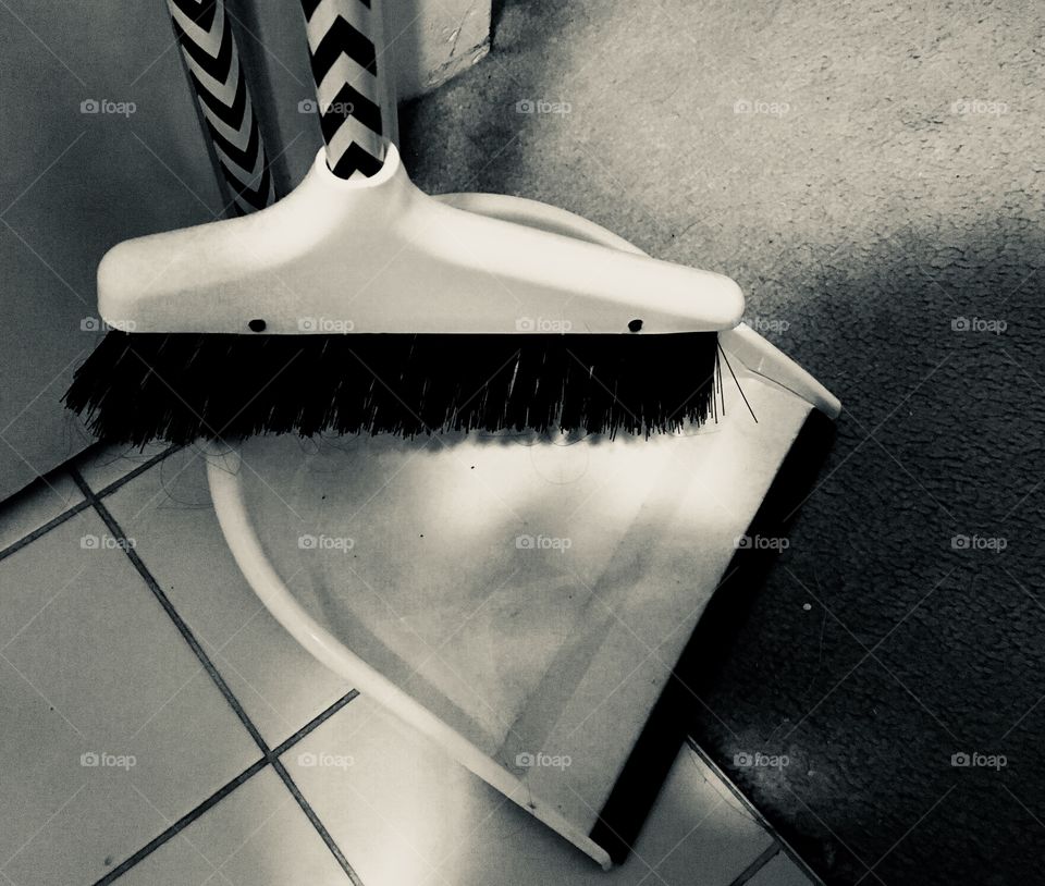 Cleaning Tool. Broom and Dustpan. Monochrome image.