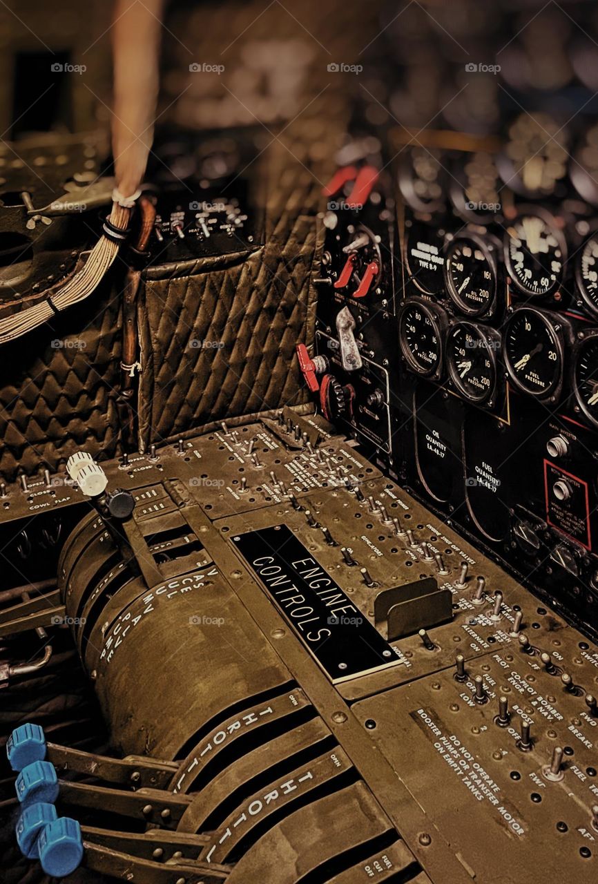 Aircraft control board, USA military aircraft controls, gauges and engine controls, Air Force aircraft control room, view from the Air Force 