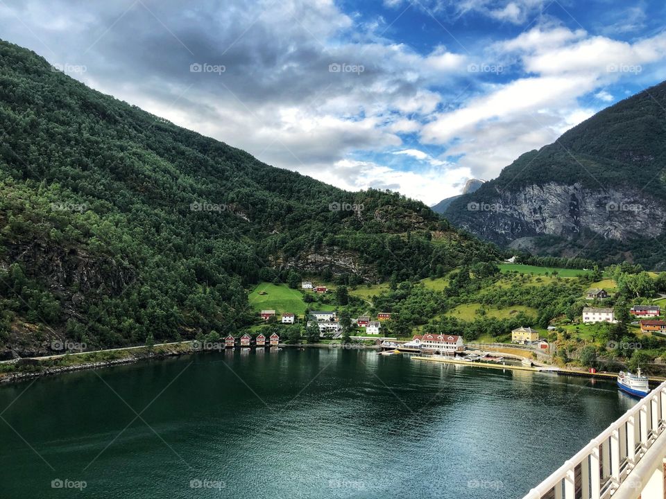 Beautiful port in Flam, Norway. Shot from the top deck of The Queen Mary 2 cruise ship