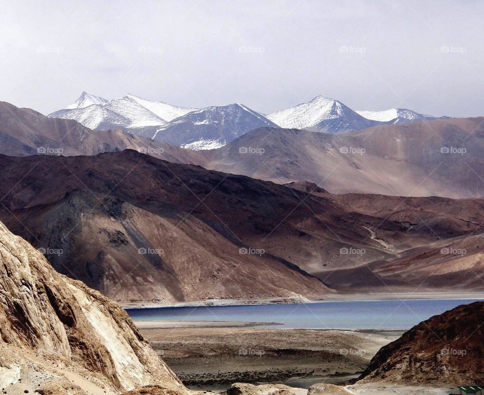 Beautiful Pangong Tso lake amidst Karakoram range of mountains 