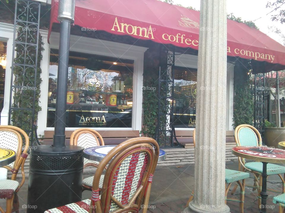 outdoor seating of an interesting cafe/bakery, near LA