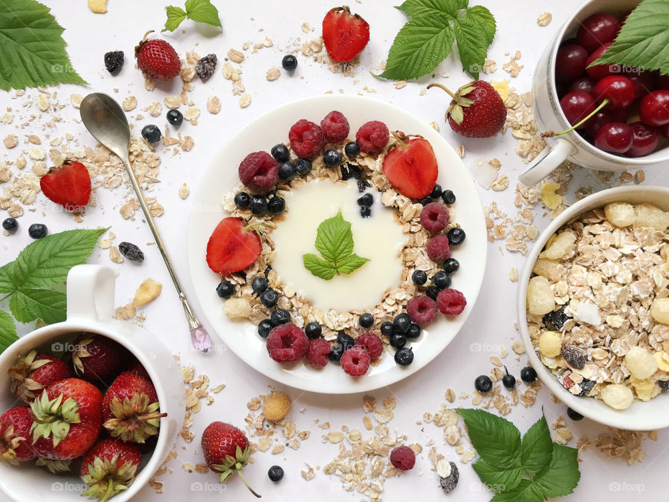 Muesli with yogurt and fresh berries for healthy breakfast 