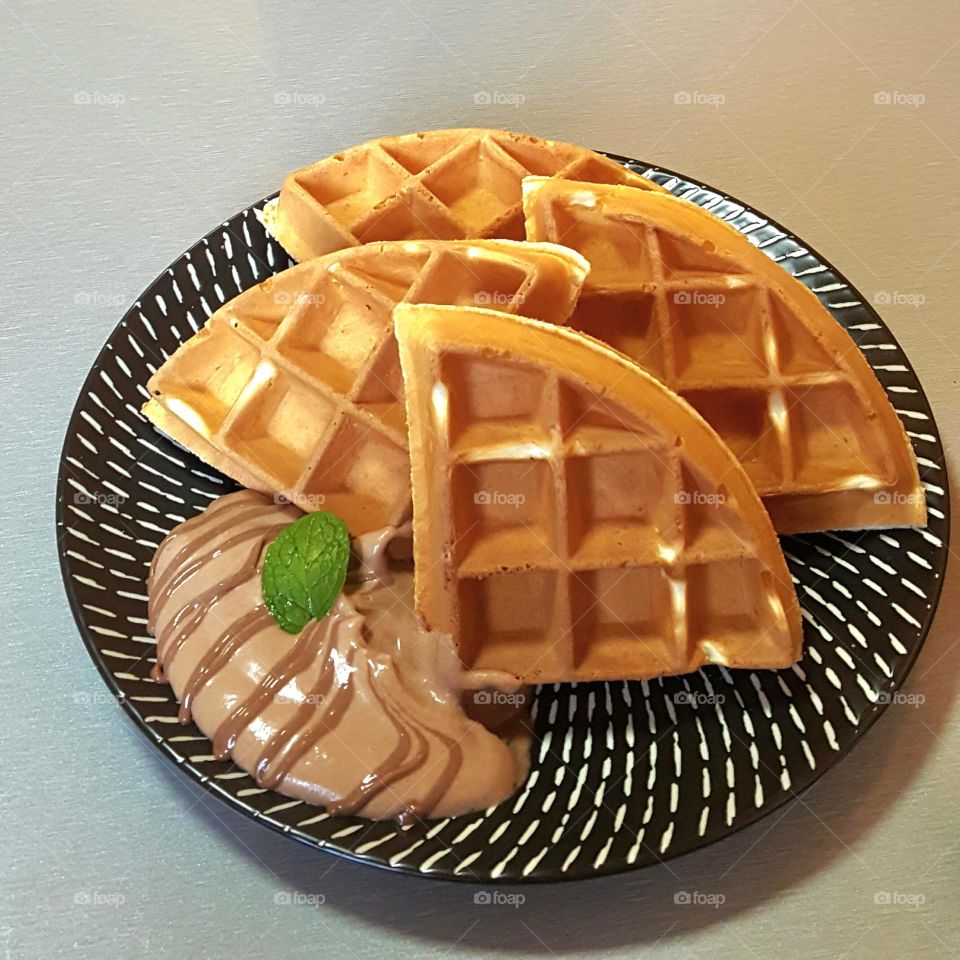 waffles with chocolate sauce