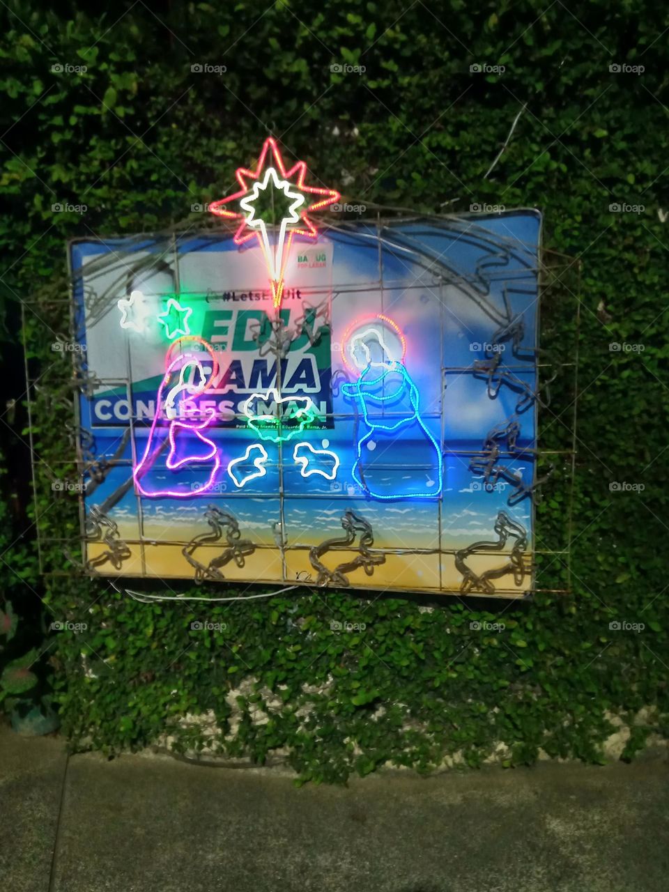 CHRISTMAS LIGHTS DESIGNED AS STAR, MAMA MARY, ST. JOSEPH & BABY JESUS