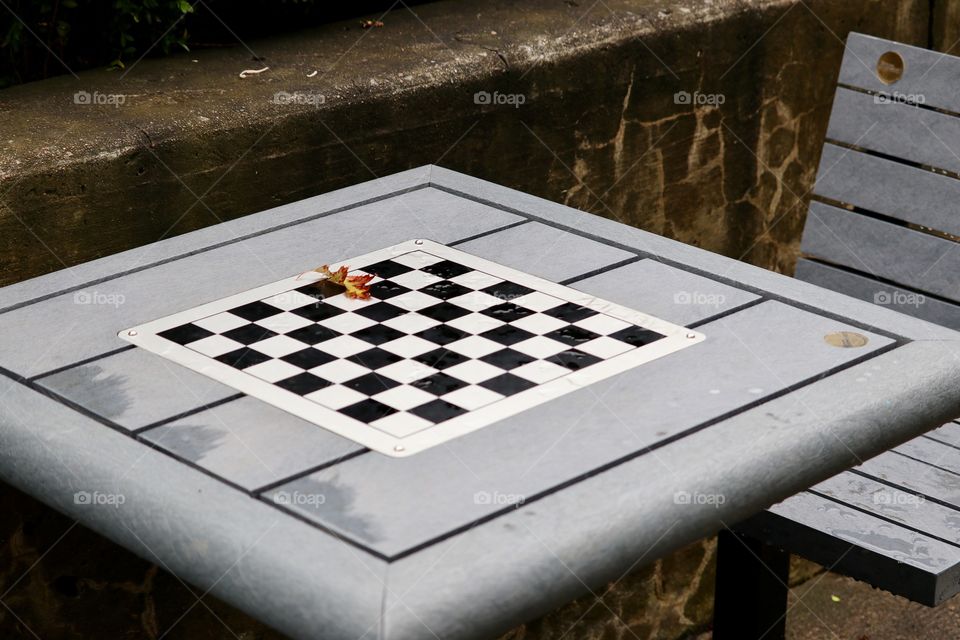 Outdoor checkers or chess in autumn in the park, stray leaf on checkerboard chess game table