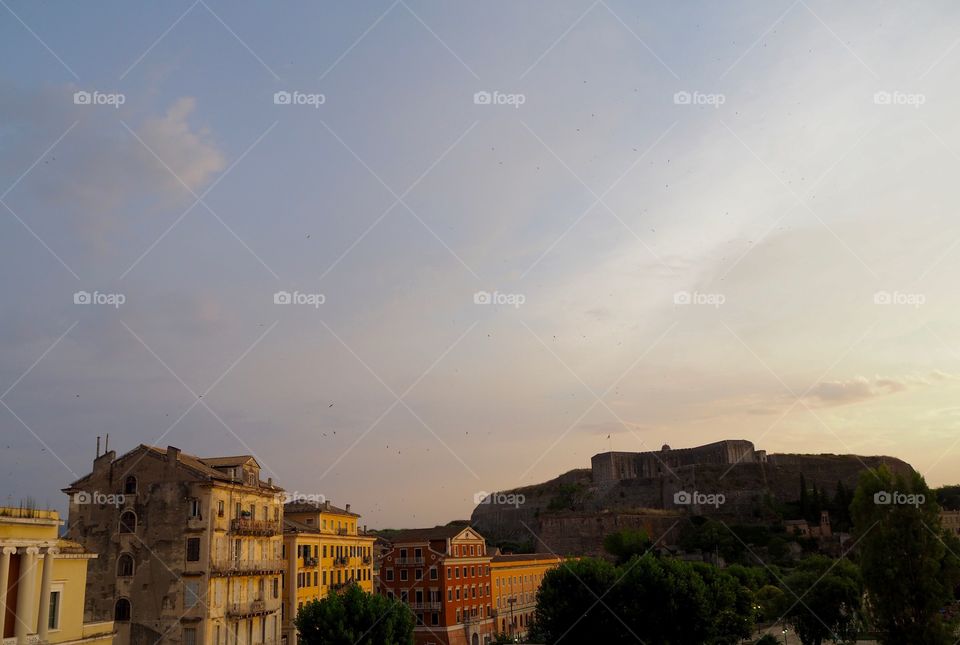 Sunset over Corfu Town and New Fortress, Greece