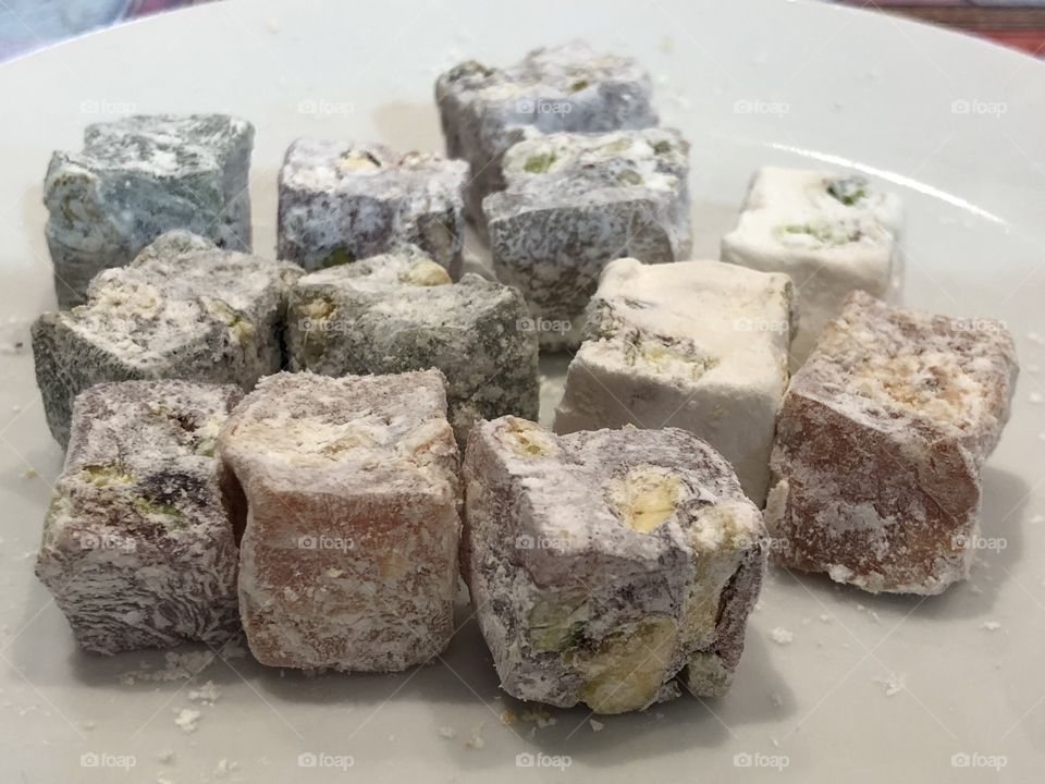Different assortments of lokum, typical turkish delicacy that is based on a mixture of starch and sugar that is colored with food coloring