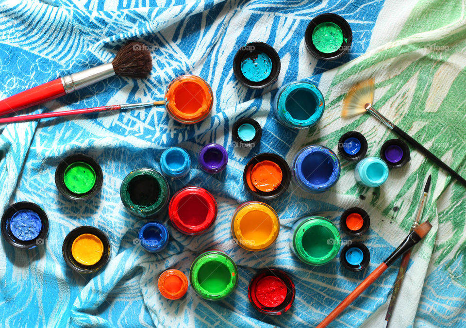 Colorful paints, view from above
