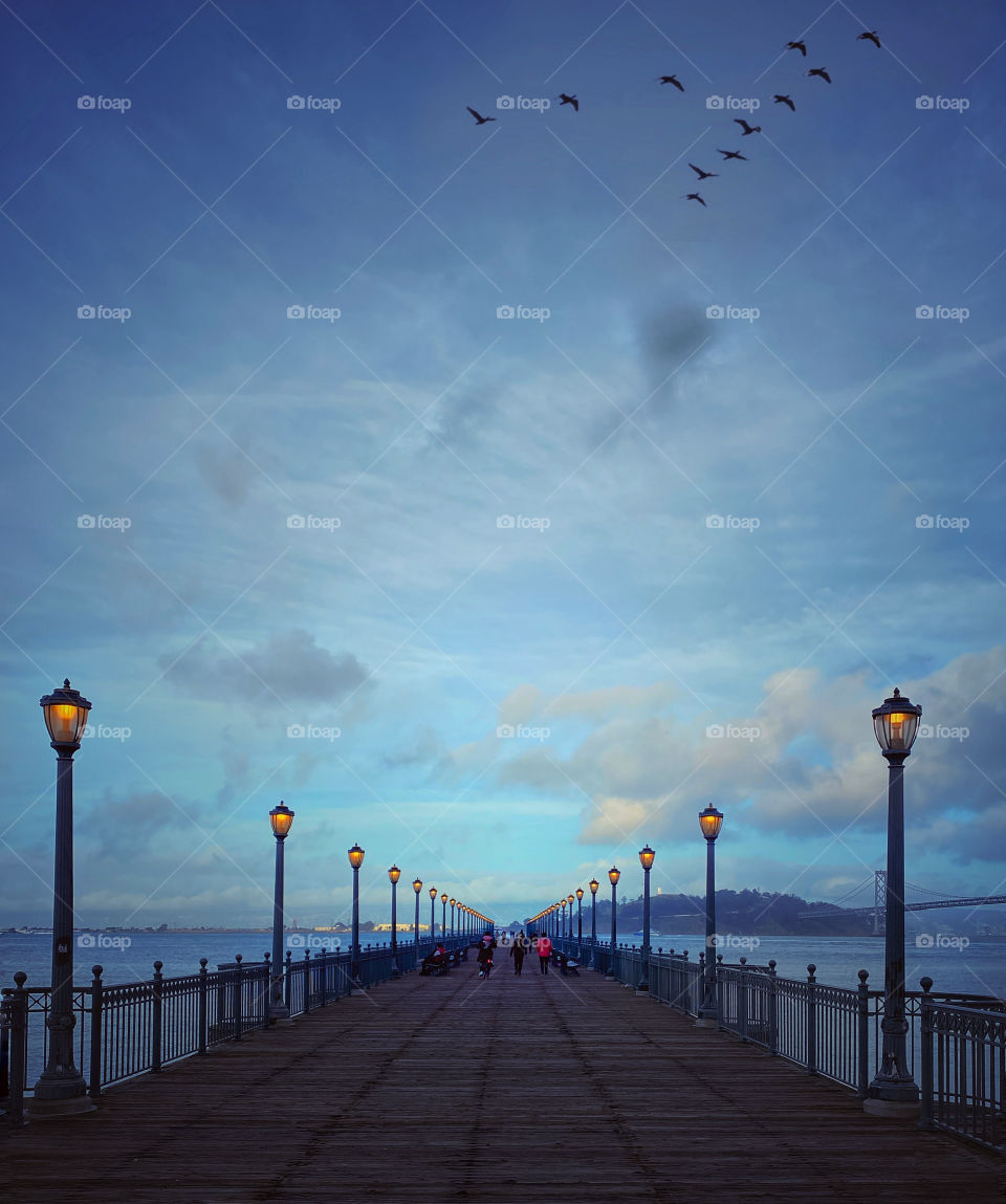 Pier at sunset with chevron of ducks flying overhead