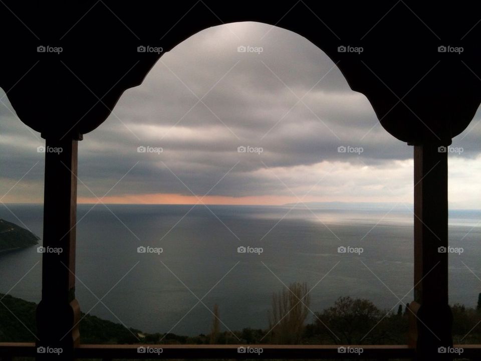view from monastery agion oros mount athos cloudy by liakos76