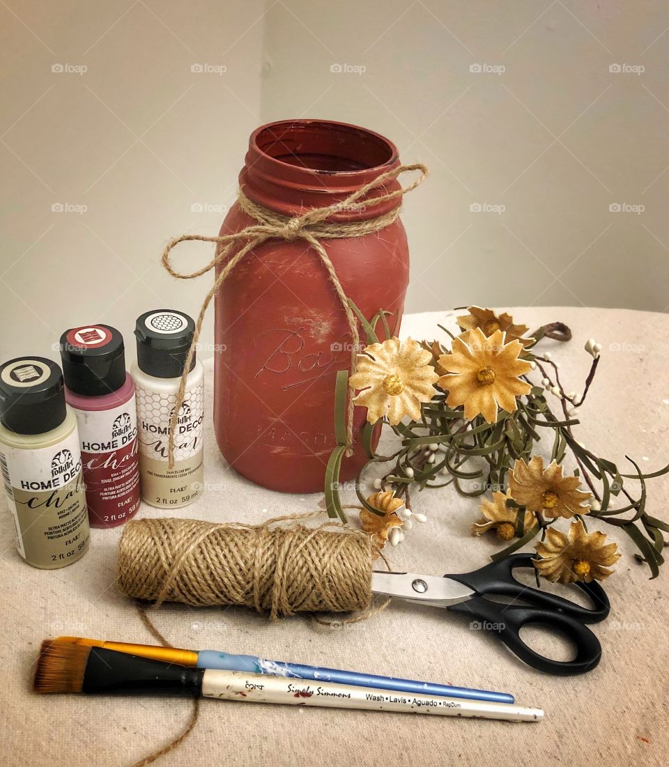 Chalk painted mason jar jute string and primitive flowers crafting 