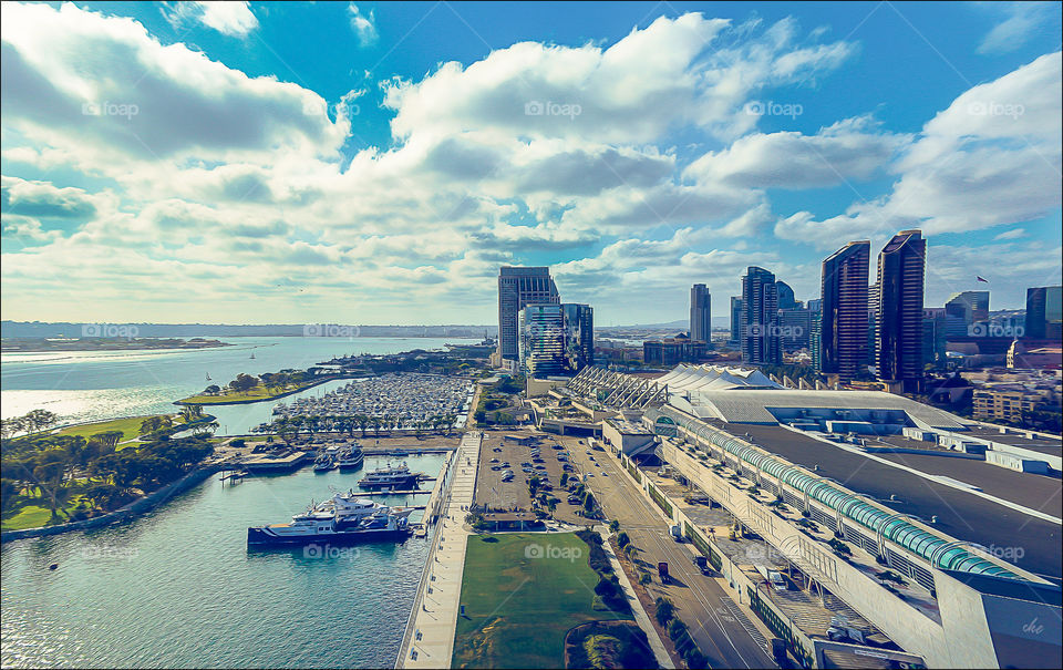 San Diego Bay. A partial view of San Diego Bay and the skyline from the top floor of the Hilton San Diego Bayfront.