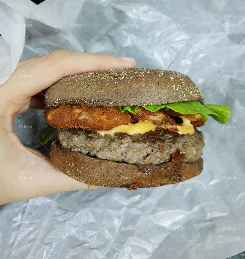 Burger and onion ring