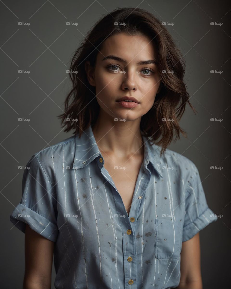 a close up of a girl wearing a old  shirt