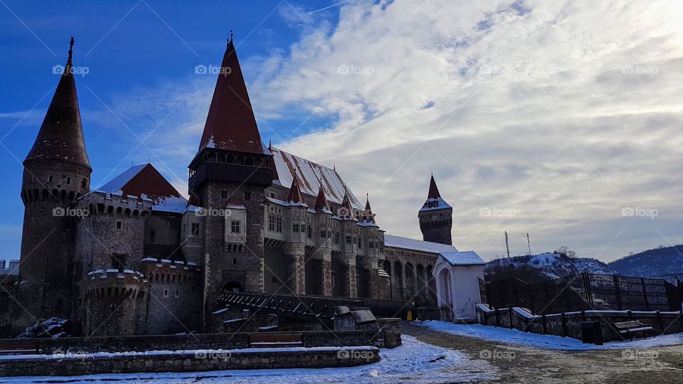 Corvin Castle, Hunedoara, Romania in March.