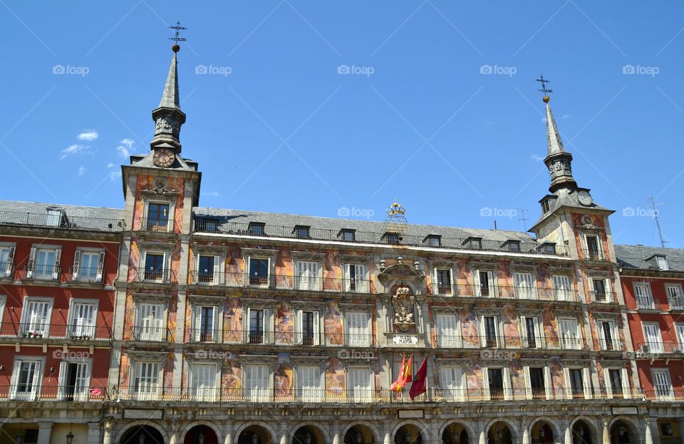 Details of Plaza Mayor, Madrid. View of the Plaza Mayor Square, a central Square in the city of Madrid