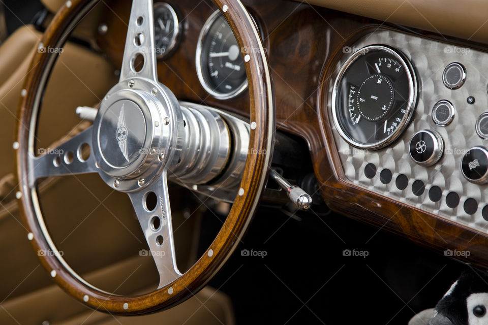 Car interior of a classic Morgan car. vintage driving