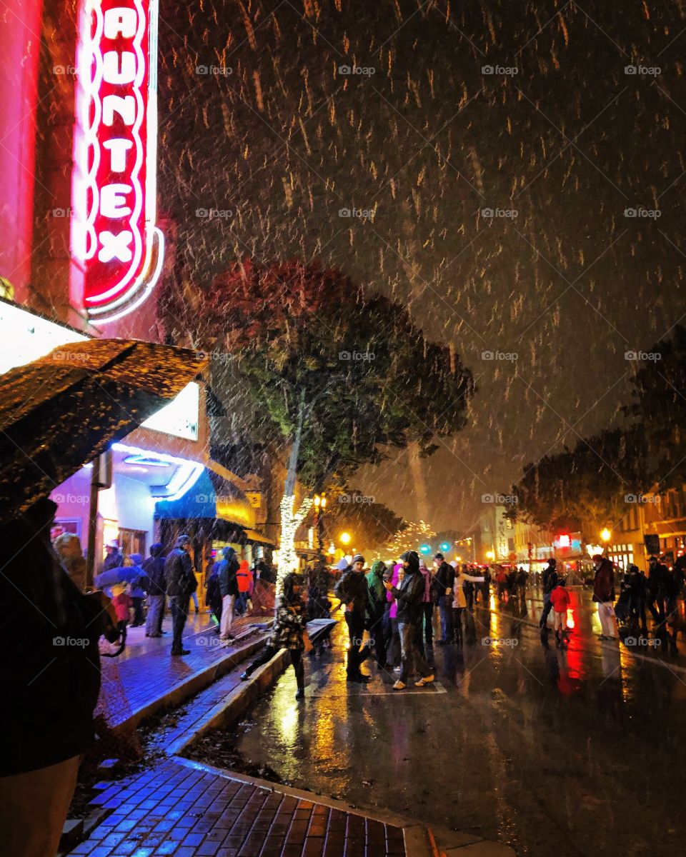 Downtown snow during a small town festival.