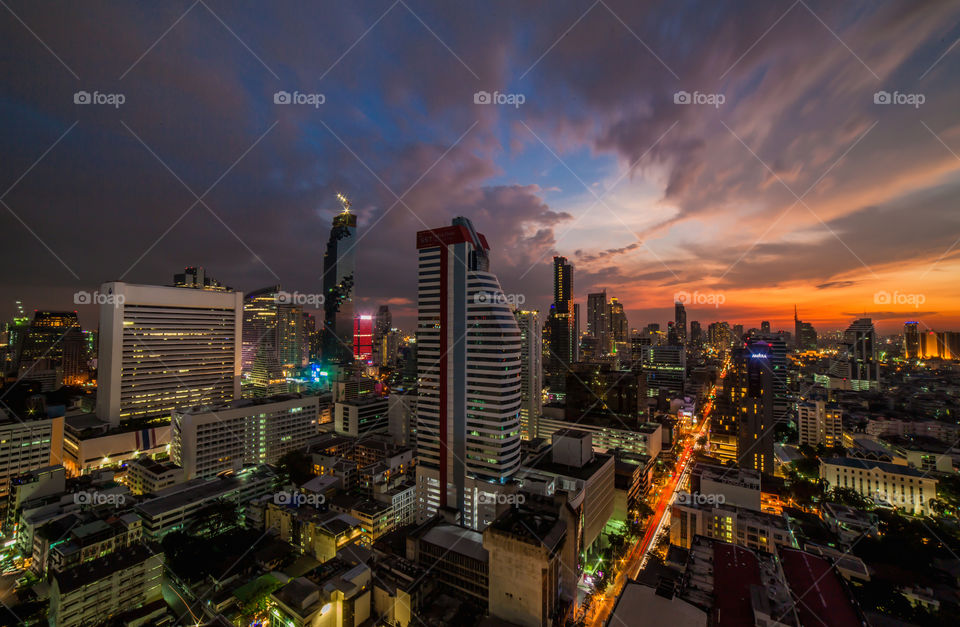 Bangkok at Sunset. View on Silom from Le Meridien Hotel.