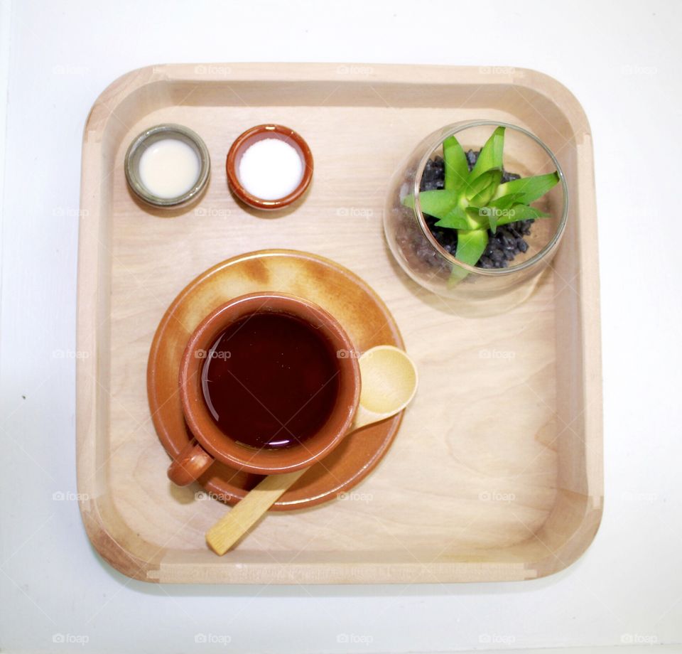 Coffee with cream and sugar and a succulent plant for a minimal Flat Lay 🦉