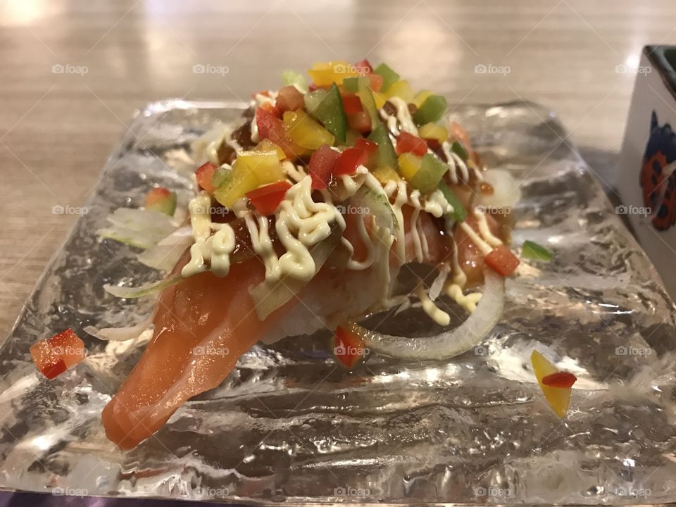 Salmon with topping fruit salad 
