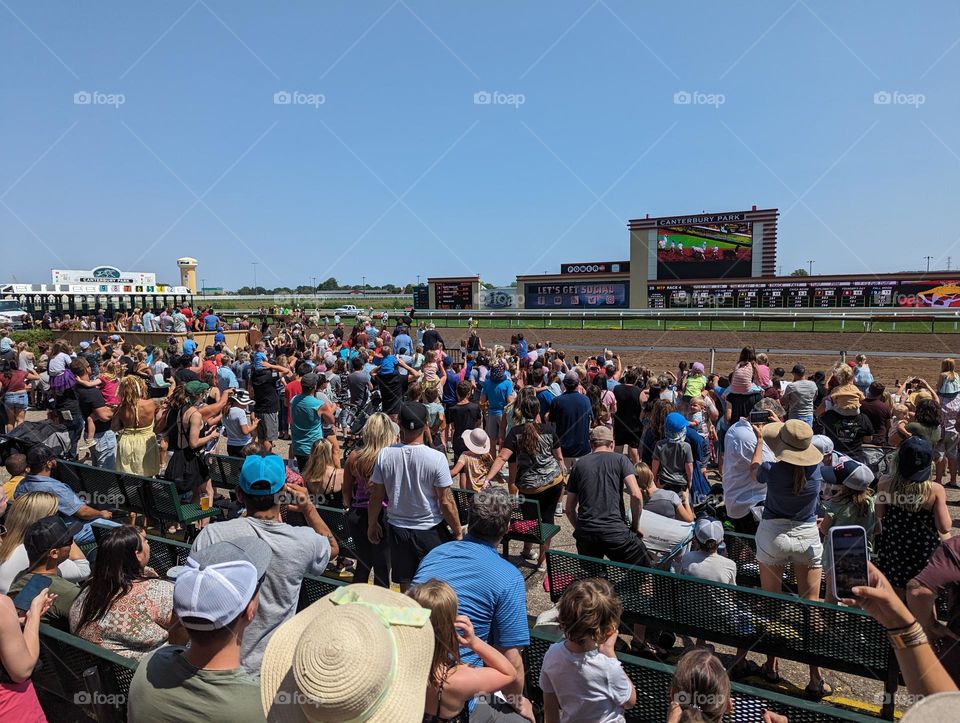 outdoor horse race llama race crowd in the summer at Canterbury in Shakopee Minnesota