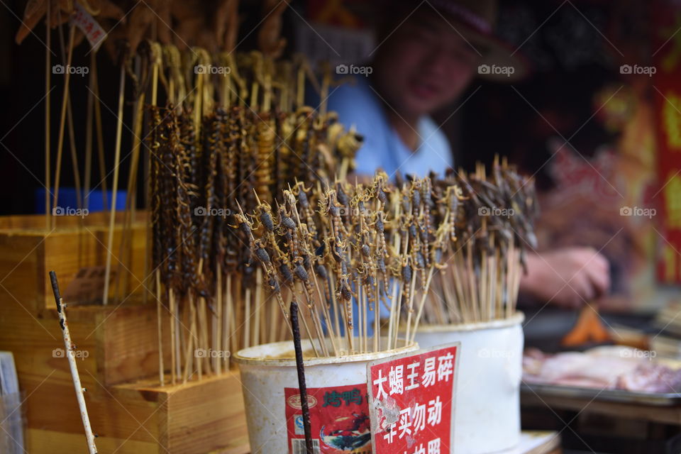 china, Beijing,, street food, scorpion,  sellers shop