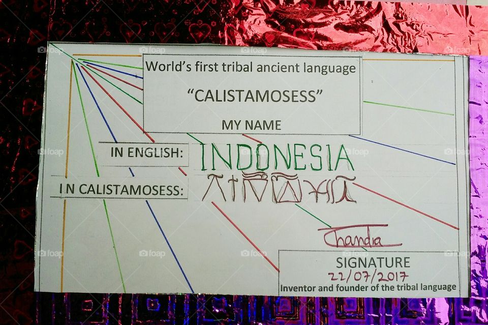 the country name INDONESIA is written in the world's first ancient tribal language in the CALISTAMOSESS.