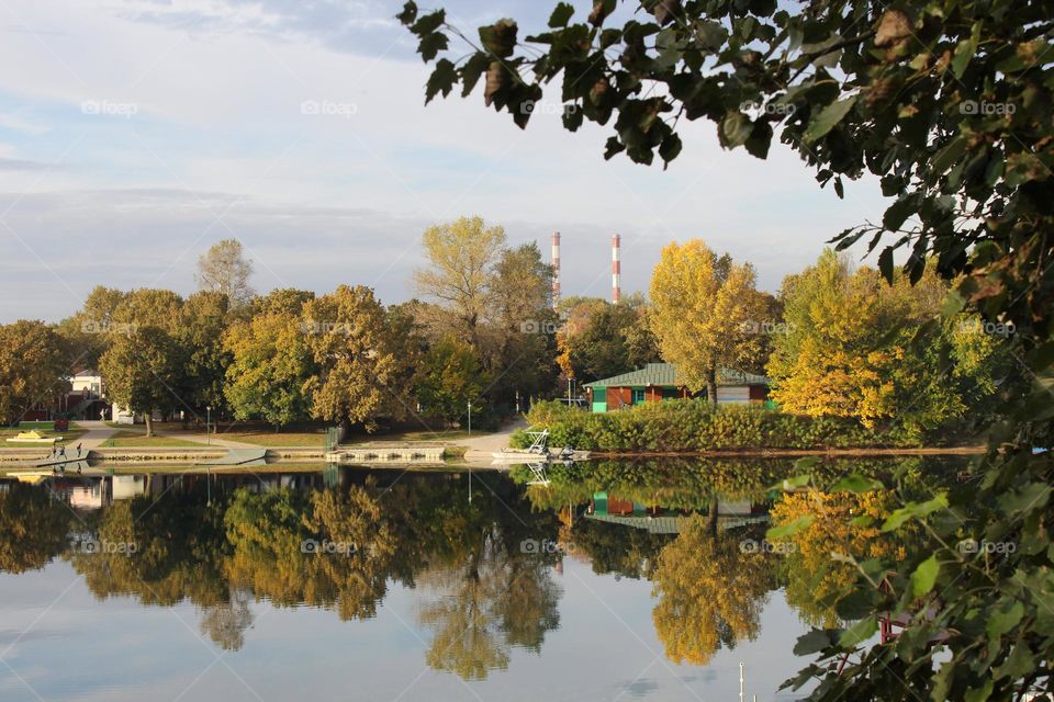 View of the other shore of the lake.  Reflection of nature,  trees and house on the surface of a calm lake