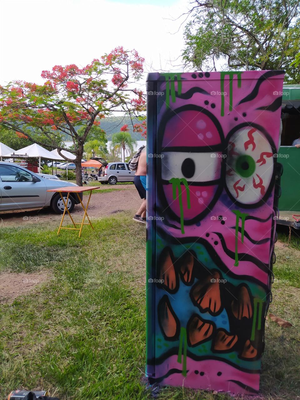 Geladeira em camping com arte.