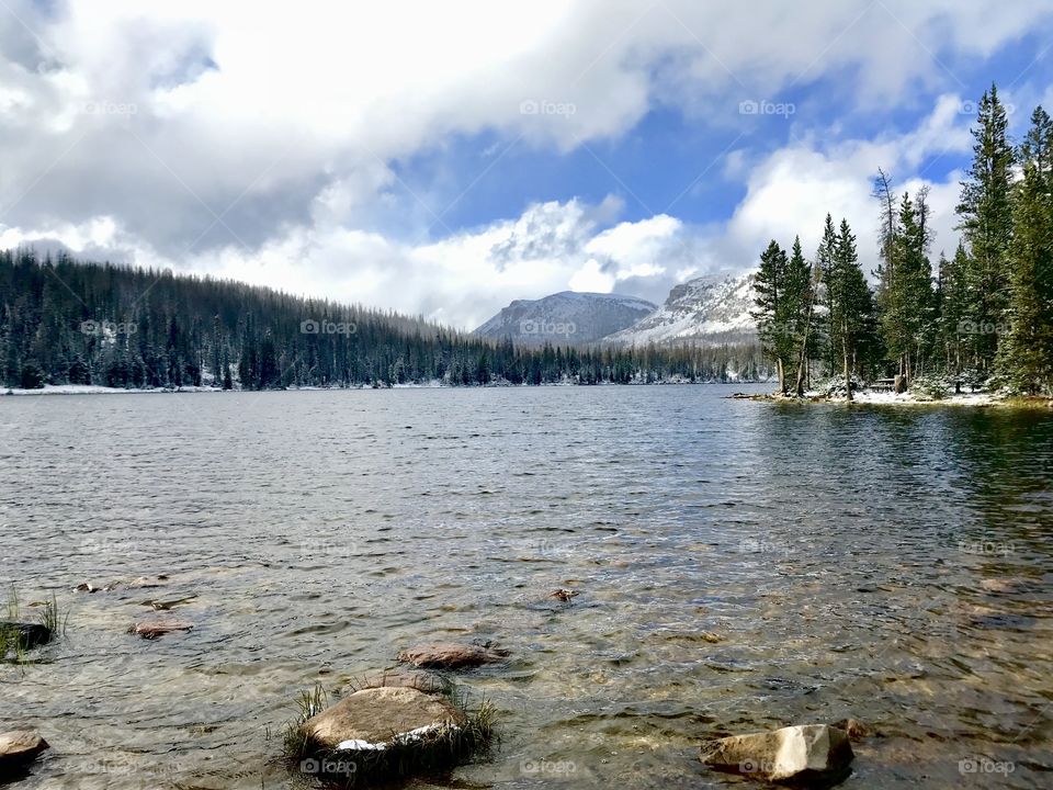 View of Mirror Lake with early snow in the Uinta Mountains, Utah