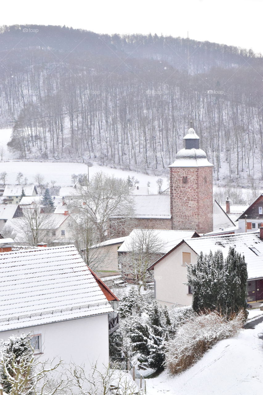 winter datterode Kirche Dorf Häuser idyllisch gelegenen Stadt Schnee Snow Street Ort village