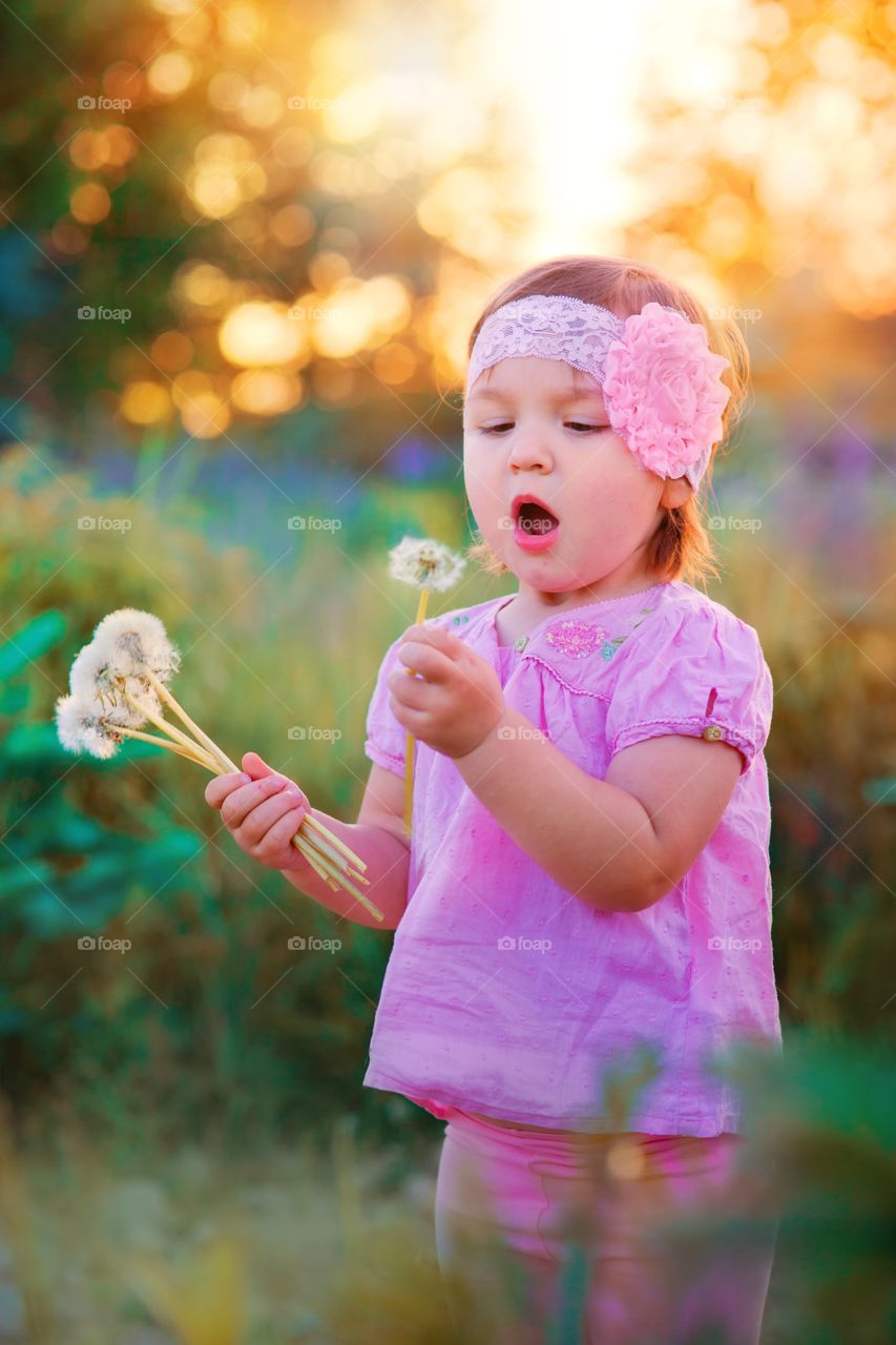 Little girl in dandelion field 