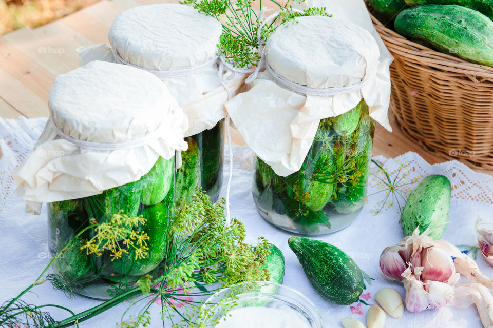 Pickled cucumbers. Pickled cucumbers made with home garden vegetables and herbs