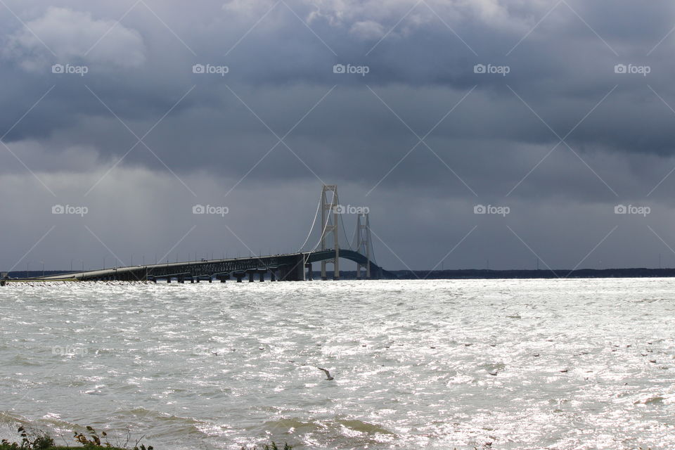 stormy skies over the Mackinaw bridge connecting the upper and lower peninsula of Michigan
