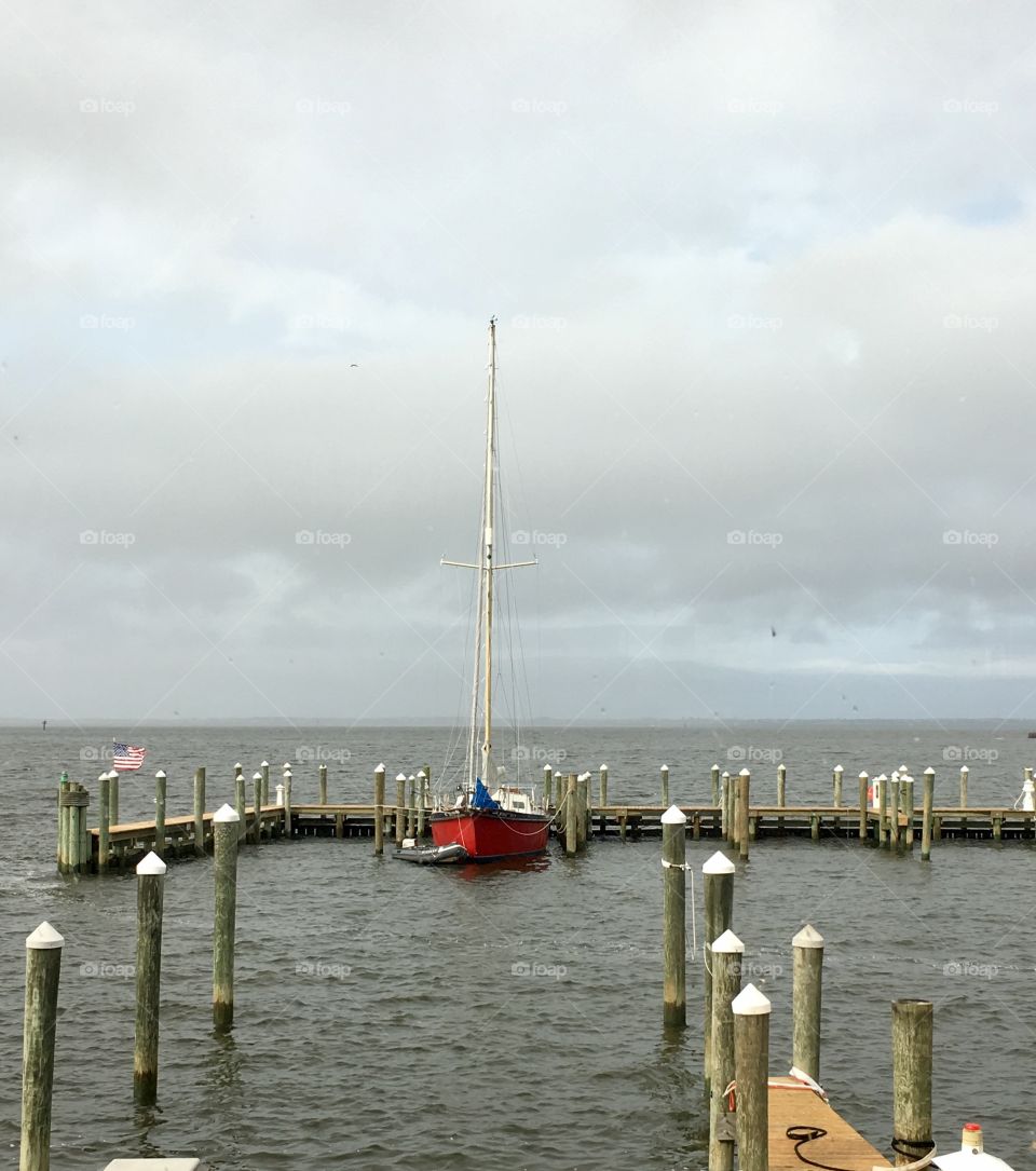 Sailboat at dock in Manteo, NC
