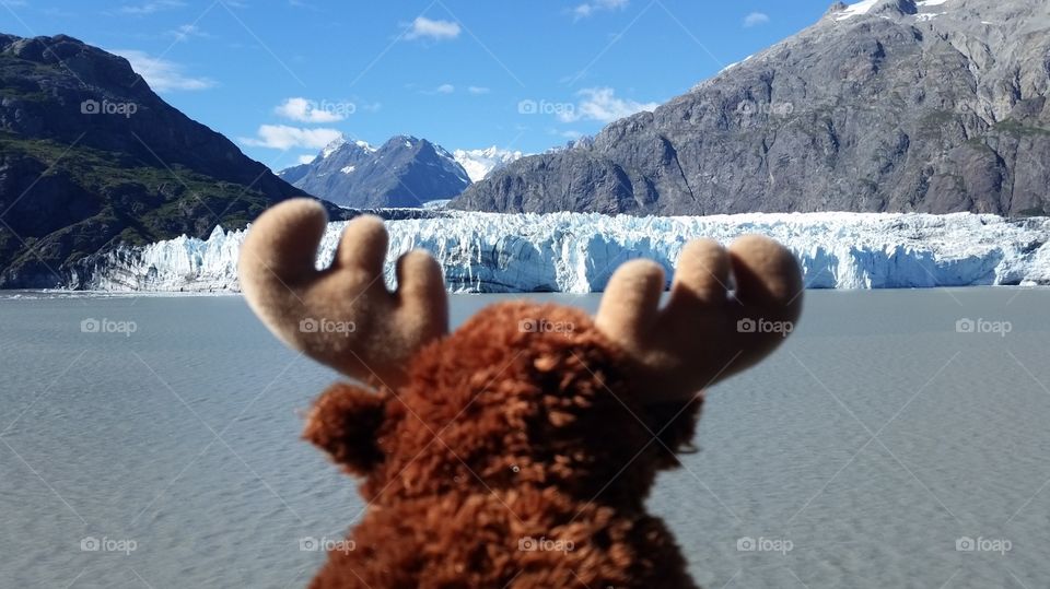 Back of Stuffed Moose toy animal looking out to glacier at glacier bay on Alaska Cruise Ship, with mountains, ocean, blue cloudy sky