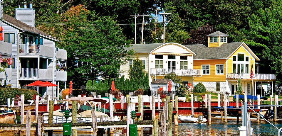 Docks in Saugatuck. Docks and homes in Saugatuck MI