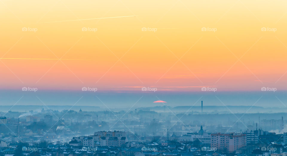 Lviv cityscape during the sunset