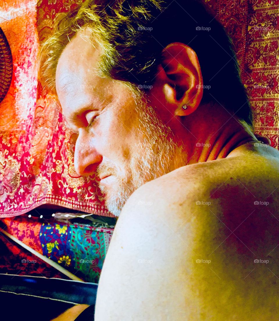 „Timothy Trespas“, my partner in life and everything is taking a moment to daydream aboard the „Salvation“, our „28 ft Luhrs“ cabin cruiser that has provided a home and literally salvation for us after many upheavals. 2020. Hypnotic Productions