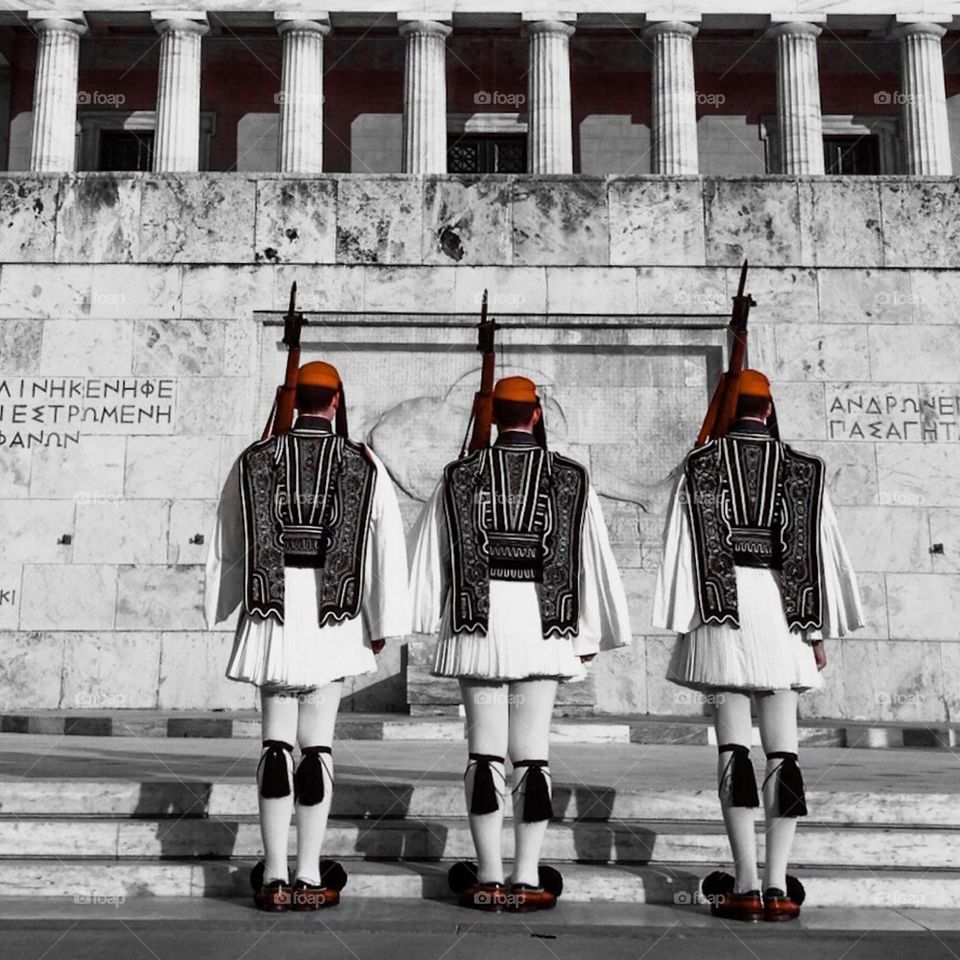 Evzones guarding the the tomb of the unknown soldier