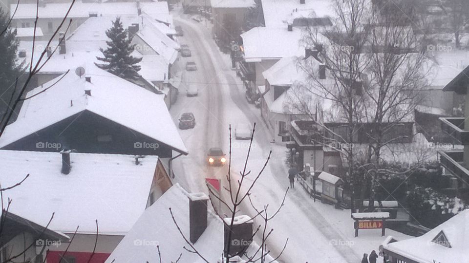 Winter in Schneeberg Austria. Snow covered city - village