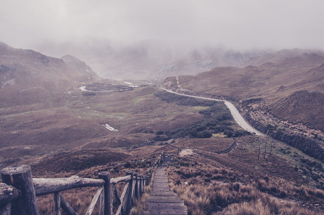 Roads and trekking trails in a mountainous and foggy region 
