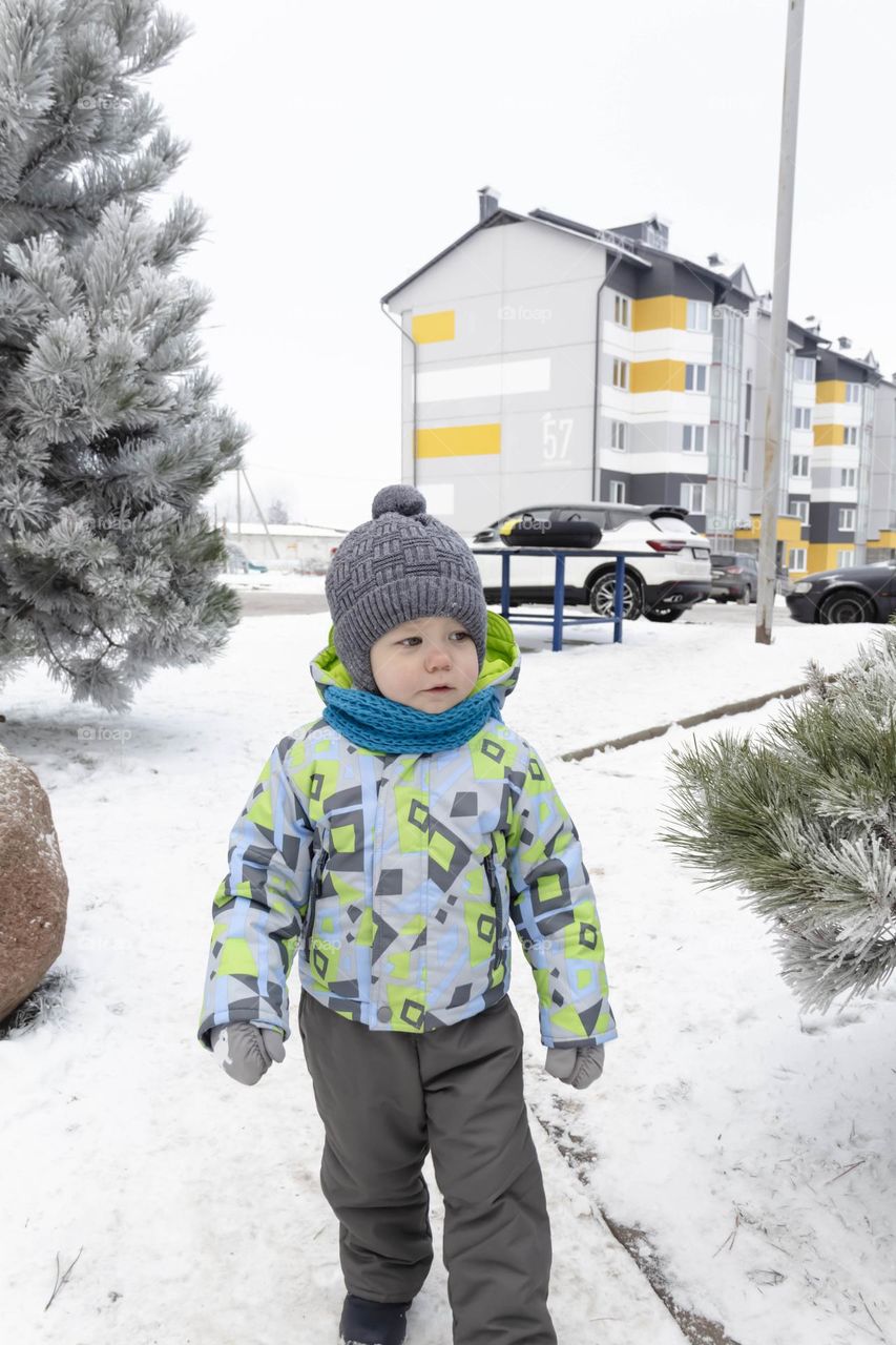 A small, carefree boy walks in winter through the white snow in the park, near the trees in the snow.
